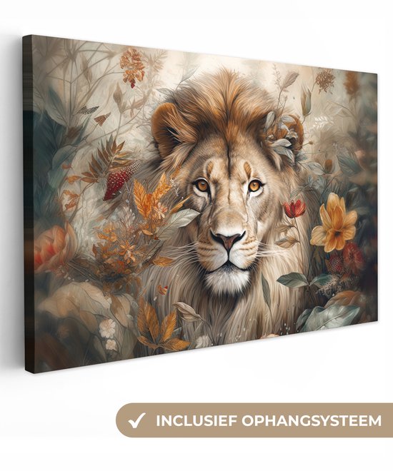 Een schilderij van een leeuw met manen en bloemen, omringd door bladeren en bloemen in warme tinten. Een sticker met 'Inclusief ophangsysteem' is onderaan afgebeeld.
