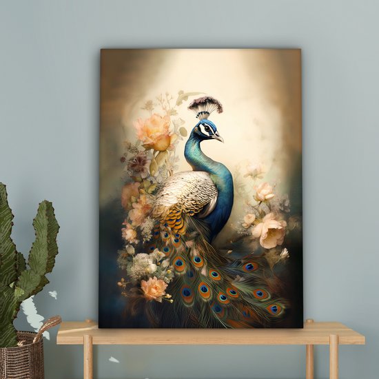 Tableau sur toile Paon - Plumes de paon - Fleurs - Vogels - Botanique - 60x80 cm - Décoration murale