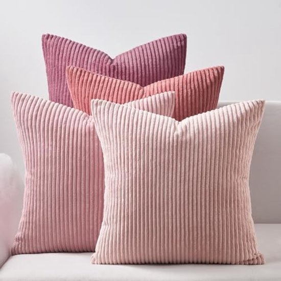 Set de 4 Housses de coussin PromoHome en velours côtelé - 50 x 50 cm - Rayures dégradées roses - Matière velours côtelé doux - Lavable en machine - Taies d'oreiller décoratives pour salon, chambre et balcon