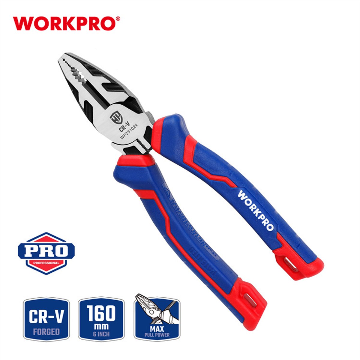 WORKPRO WP231024 Professionele Combinatietang 160 mm – CR-V Staal – Krachtbesparend – Ergonomische Antislip Grip