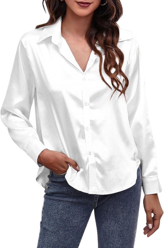 Allecto plus - Chemisier en satin femme - chemise unie à manches longues - chemisier col V- décontracté pour sortir au bureau - incontournable de la mode tendance