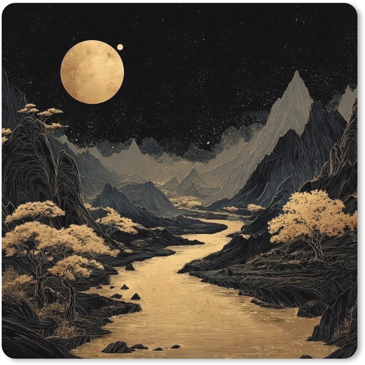 Muismat XXL 60x60 cm - Bureau onderlegger - Bureau mat Gouden rivier - Bergen - Maan - Sterrenhemel - Bureaumat - Gaming mousepad xl - Bureaulegger groot - Computer deskmat