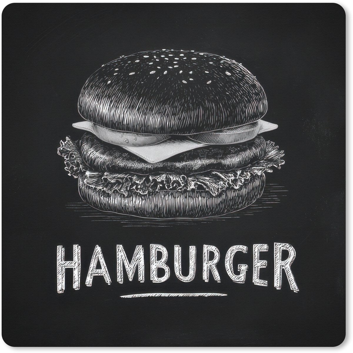 Muismat XXL 60x60 cm - Bureau onderlegger - Bureau mat Hamburger - Krijttekst - Zwart - Wit - Bureaumat - Gaming mousepad xl - Bureaulegger groot - Computer deskmat