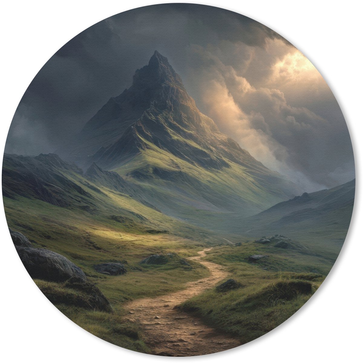 Muismat rond 40x40 cm - Mousepad Bergen - Kronkelpad - Groen - Wolken - Ronde muismatten