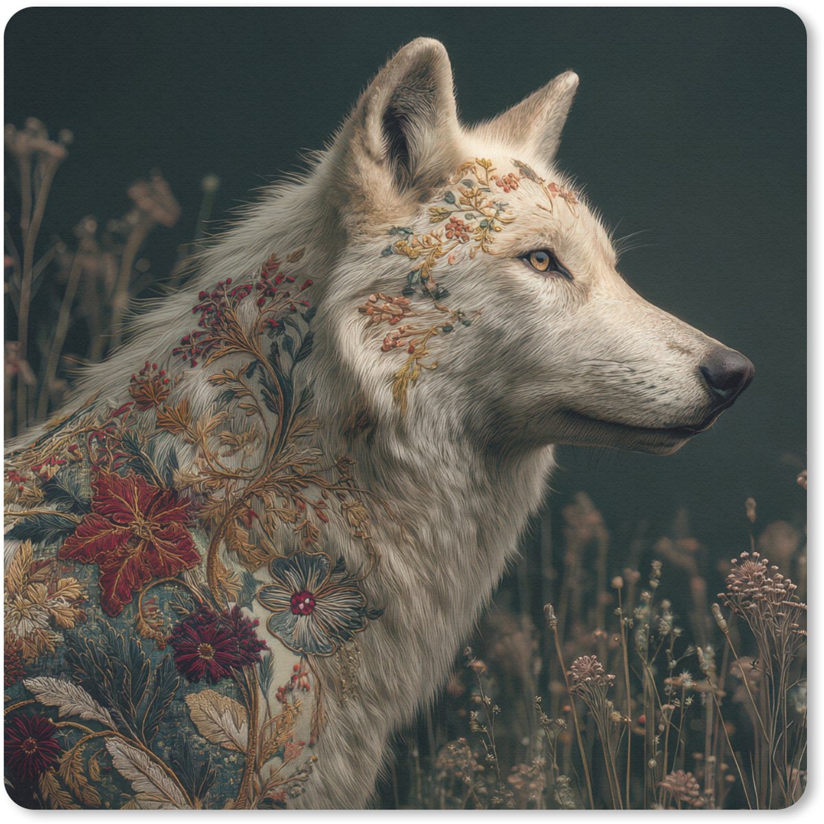 Muismat 30x30 cm - Mousepad Wolf - Bloemen - Natuur - Muismatten