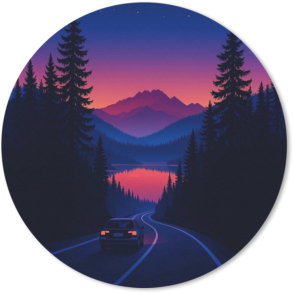 Muismat rond 40x40 cm - Mousepad Auto - Donkere dennenbomen - Zonsondergang - Ronde muismatten