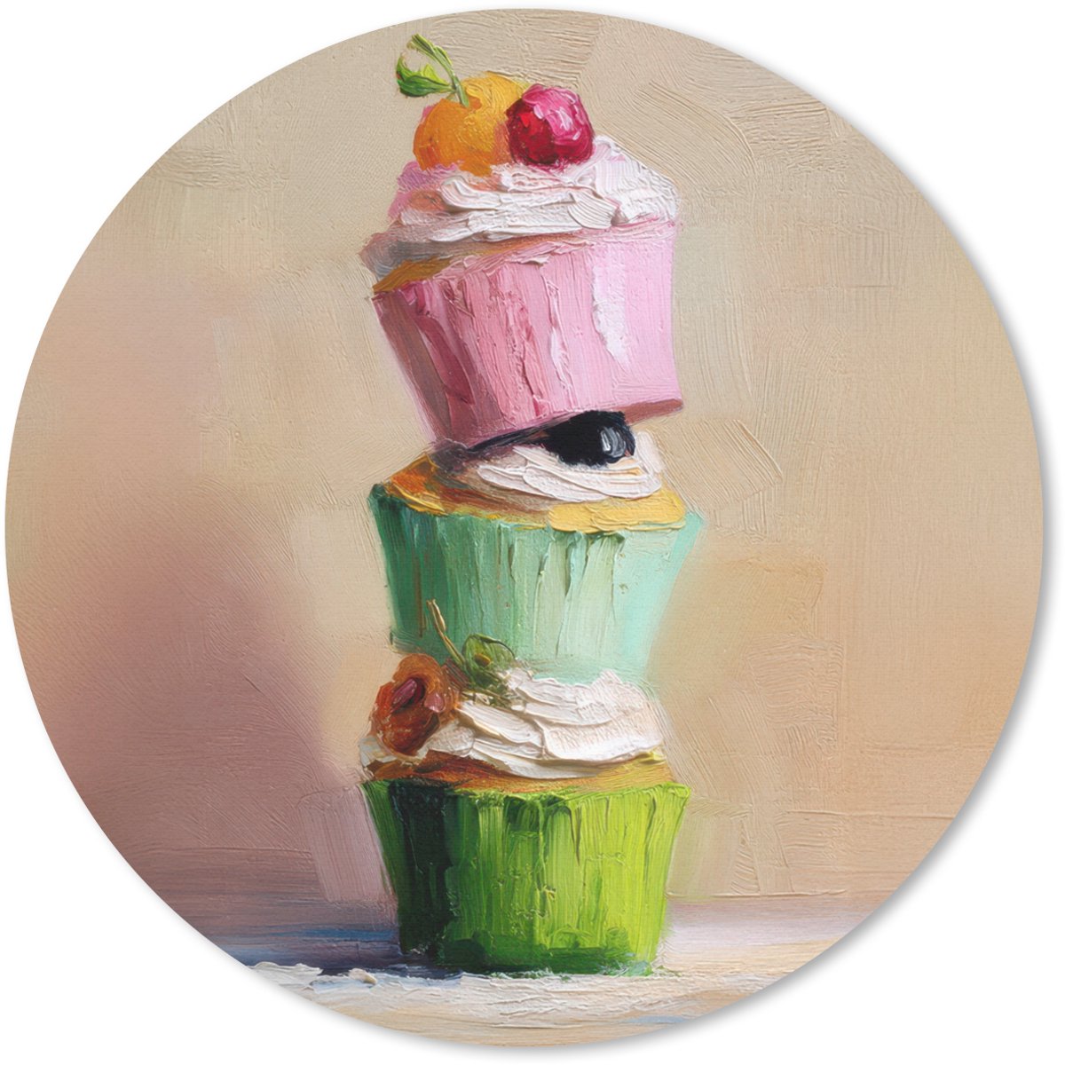 Muismat rond 40x40 cm - Mousepad Cupcakes - Gestapeld - Kleurrijk - Fruit - Ronde muismatten