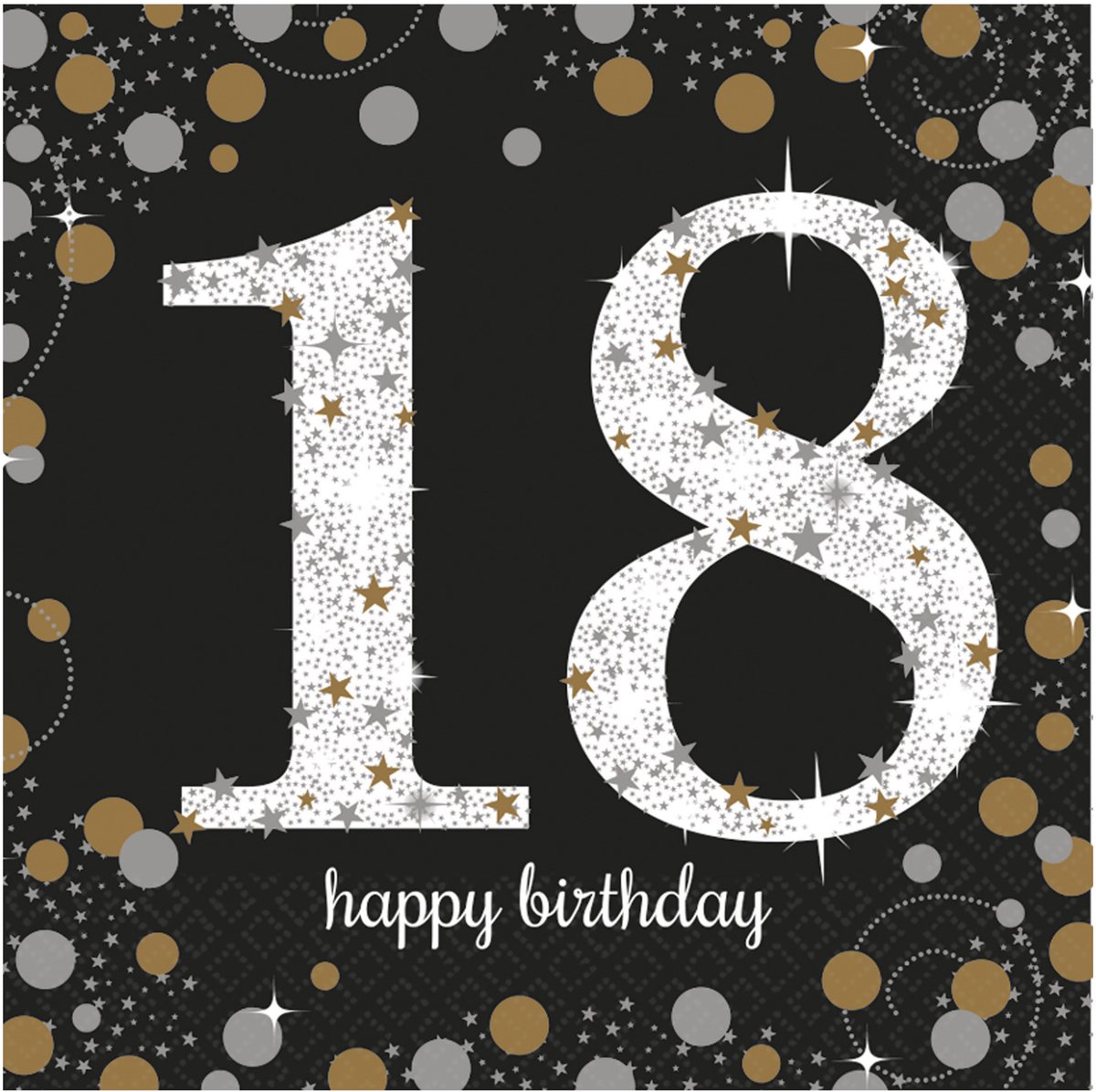 Amscan Servetten 18 jaar - 16x stuks - zwart - 33 x 33 cm - confetti - luxe - verjaardag