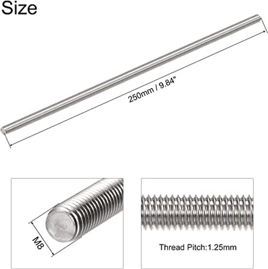 4pcs full threaded rod M8 x 250mm 304 stainless steel right hand thread — afbeelding 4