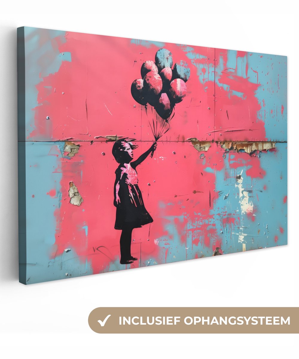 Canvas schilderij 90x60 cm - Wanddecoratie Graffiti - Meisje - Ballon - Roze - Blauw - Street art - Muurdecoratie woonkamer - Slaapkamer decoratie - Kamer accessoires - Schilderijen op canvas