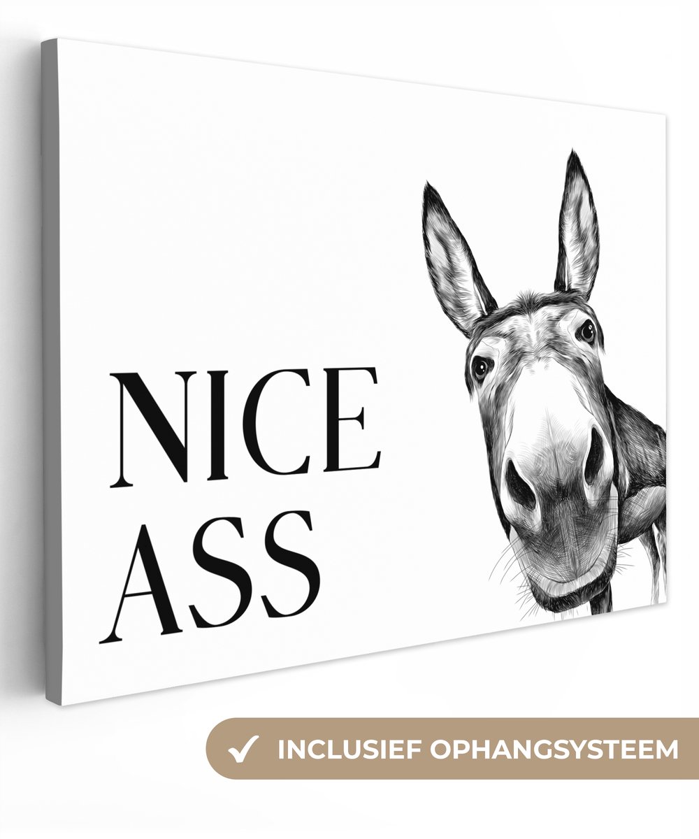 Canvas schilderij 80x60 cm - Wanddecoratie badkamer Quote - Ezel - Dieren - Nice ass - Spr
