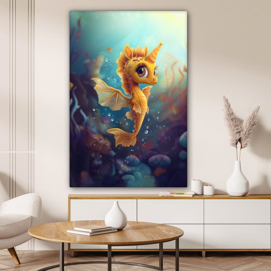 Tableau sur toile 80x120 cm - Décoration murale chambre d'enfant Hippocampe - Sous-marin - Animaux aquatiques - Océan - Décoration murale chambre bébé - Décoration chambre garçon et fille - Accessoires Bébé - Peintures