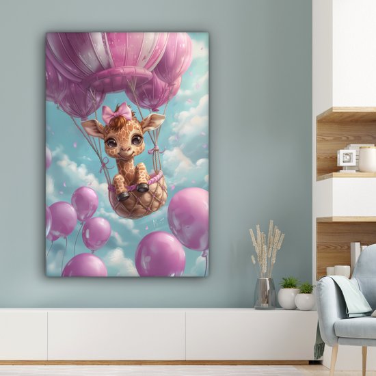 Peinture sur toile 80x120 cm - Décoration murale chambre enfant Montgolfière - Girafe - Ballon - Nuages ​​- Violet - Décoration murale murale chambre bébé - Décoration chambre garçon et fille - Accessoires Bébé - Peintures