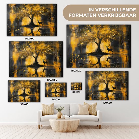 Peinture sur toile 150x100 cm - Décoration murale Arbre - Aspect peinture - Cerf - Nature - Or - Décoration murale murale salon - Décoration chambre - Accessoires de chambre - Peintures
