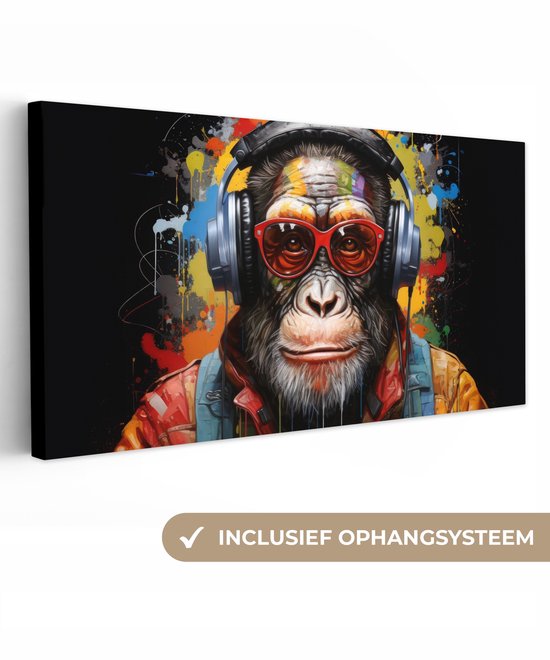 Canvas schilderij 160x80 cm - Wanddecoratie Chimpansee - Aap - dieren - Graffiti - Bril - Koptelefoon - Kleuren - Muurdecoratie woonkamer - Slaapkamer decoratie - Kamer accessoires - Schilderijen op canvas