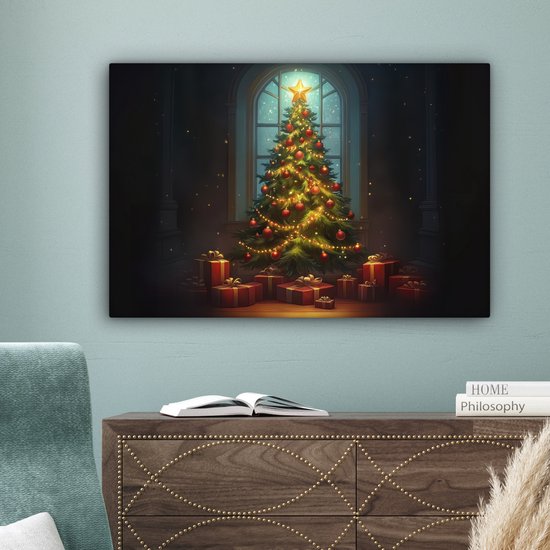 Canvas schilderij 60x40 cm - Wanddecoratie Kerstboom - Cadeau - Kerst - Winter - Muurdecoratie woonkamer - Slaapkamer decoratie - Kamer accessoires - Schilderijen op canvas - Kerstdecoratie voor binnen - Kerstversiering - Kerstmis versiering