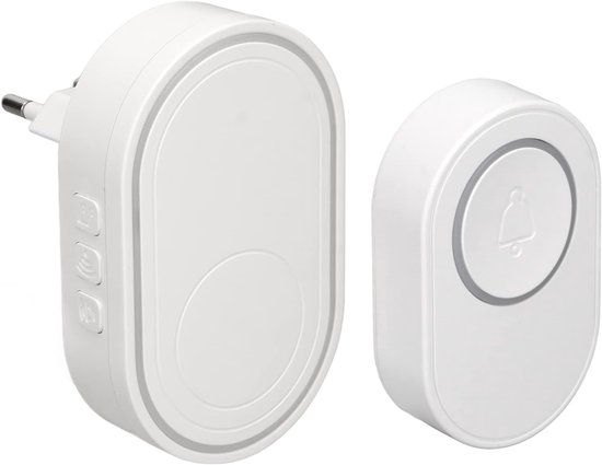 Witte deurbelset bestaande uit een stekkerontvanger en een drukknop met bel-icoon.