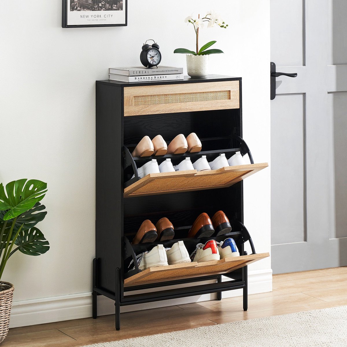 Schoenenkast – Schoenenrek – Schoenenopberger – Halmeubel – Schoenenbank – Natuurlijk Rattan – Opbergruimte voor 12 Paar Schoenen – Anti-Kantel Metalen Frame