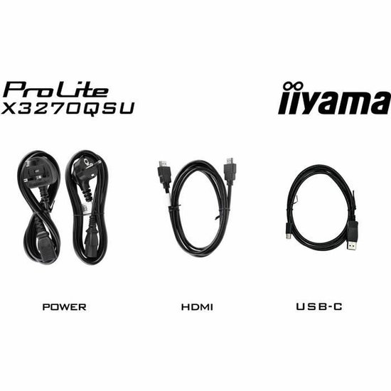Stroom-, HDMI- en USB-C-kabels voor de Iiyama ProLite X3270QSU monitor.