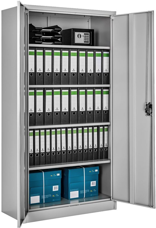 Grijze archiefkast met open deuren, vol met mappen, ordners, een kluisje en dozen.