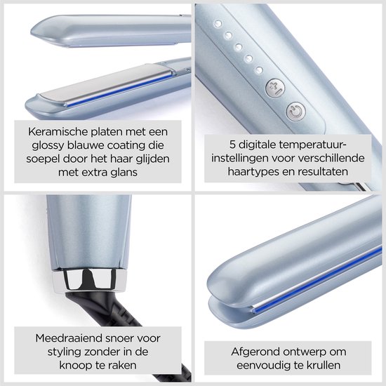 Collage van een lichtblauwe stijltang: keramische platen, 5 digitale temperatuurinstellingen, meedraaiend snoer, afgeronde ontwerp.