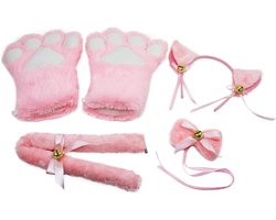 Katten Cosplay Set Pluche Klauwen Handschoenen Kattenoren Staart Halsband Poten Schattig Schattig Feestkostuum Set voor Kinderen en Volwassenen (Roze)