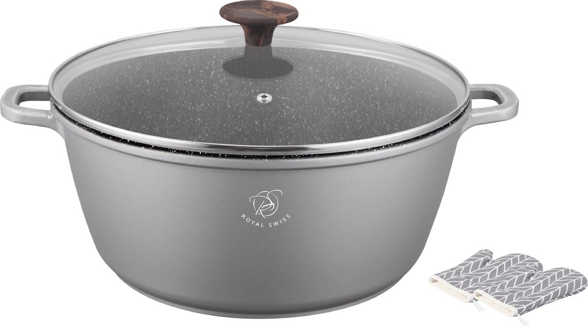 Royal Swiss® – Pan Ø32 cm – 9,5 L – Marmeren Coating – Koudgrepen – Geschikt voor Alle Warmtebronnen inclusief Inductie – Met Glazen Deksel