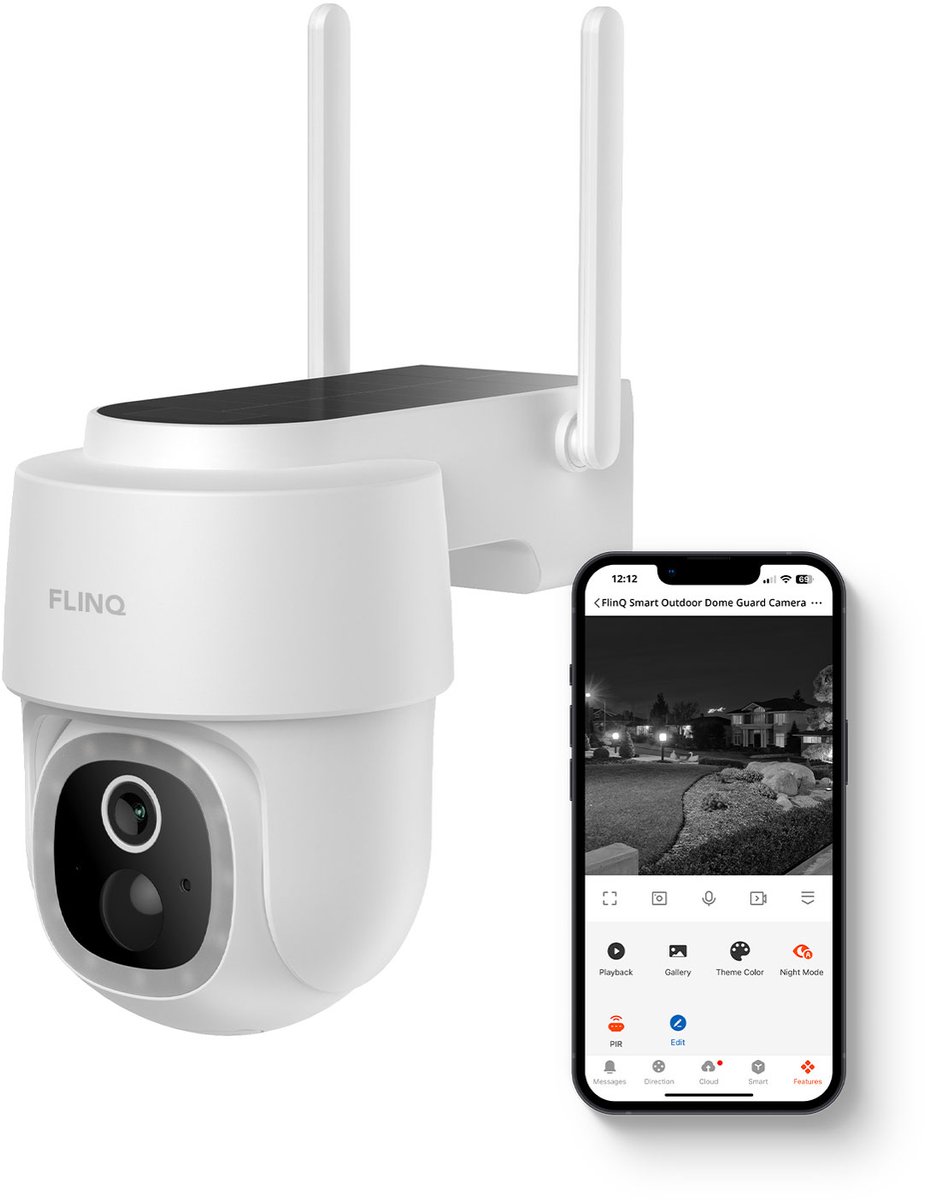 FlinQ Slimme Beveiligingscamera Dome Guard - Oplaadbaar via USB & Zonne Energie - Buiten camera met zonnepaneel - Bewakingscamera voor buiten - 2K HD - Nachtzicht - Pan & Tilt IP Camera