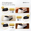 Drie weergaven van het witte apparaat met gouden rand en digitaal display, gebruikt op bruine stof bij 9000, 13000 en 17000 RPM.