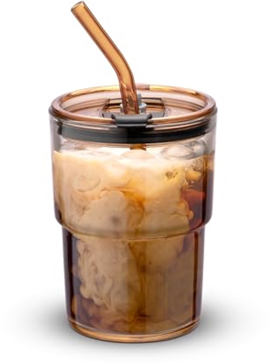 Isolatiebeker met Rietje en Deksel - Dikke Wand Glazen Koffiekop 400 ml