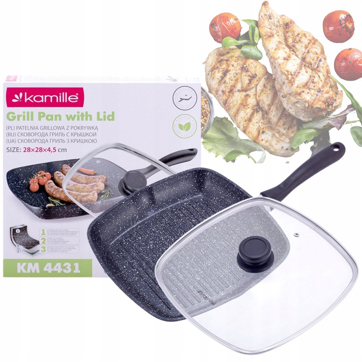 Grillpan met Marmercoating 28cm met Deksel - Geschikt voor Inductie
