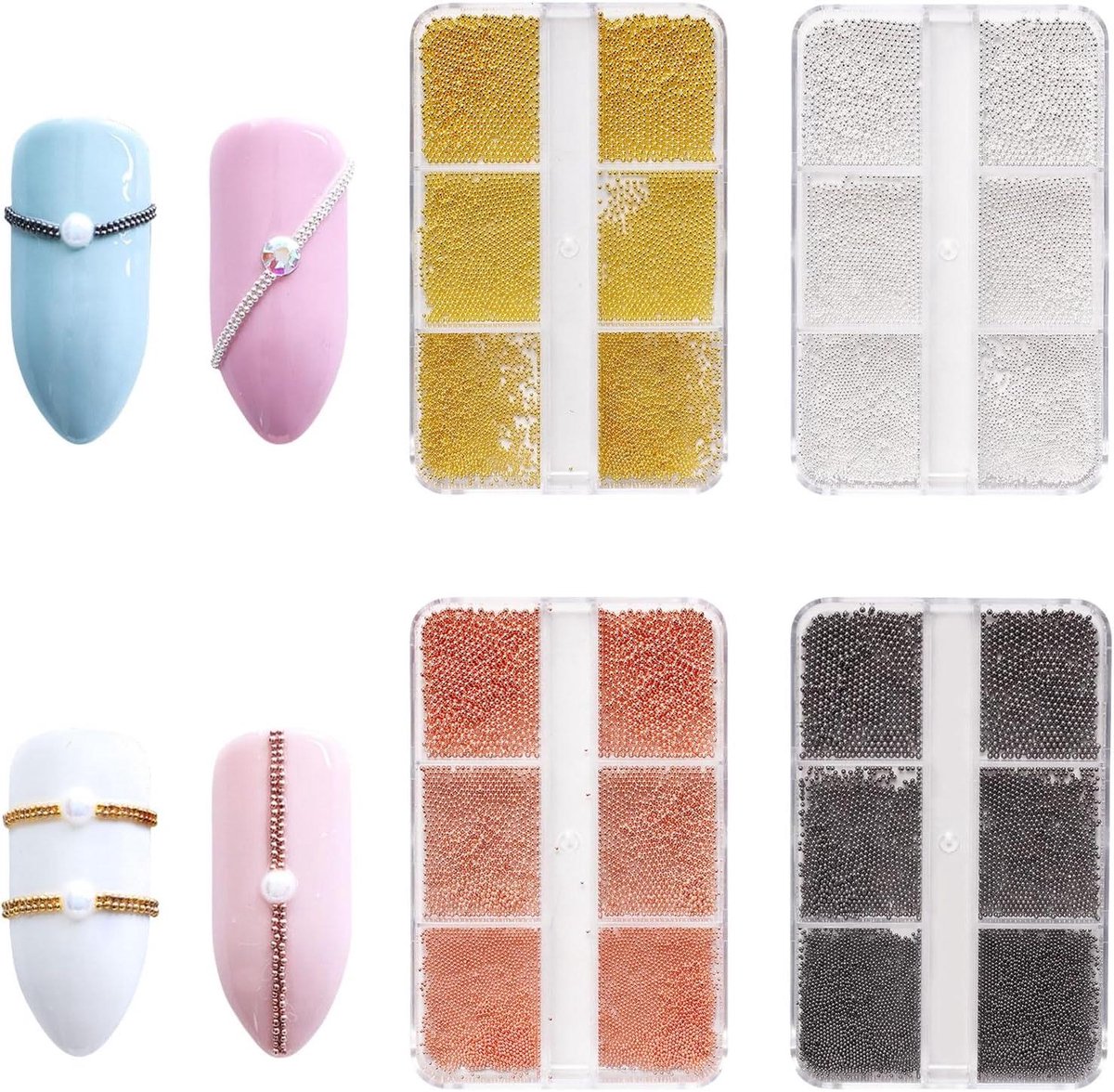 Kaviaar kralen voor nail art - Goud, zilver, zwart - 4 dozen met 3D micro kralen