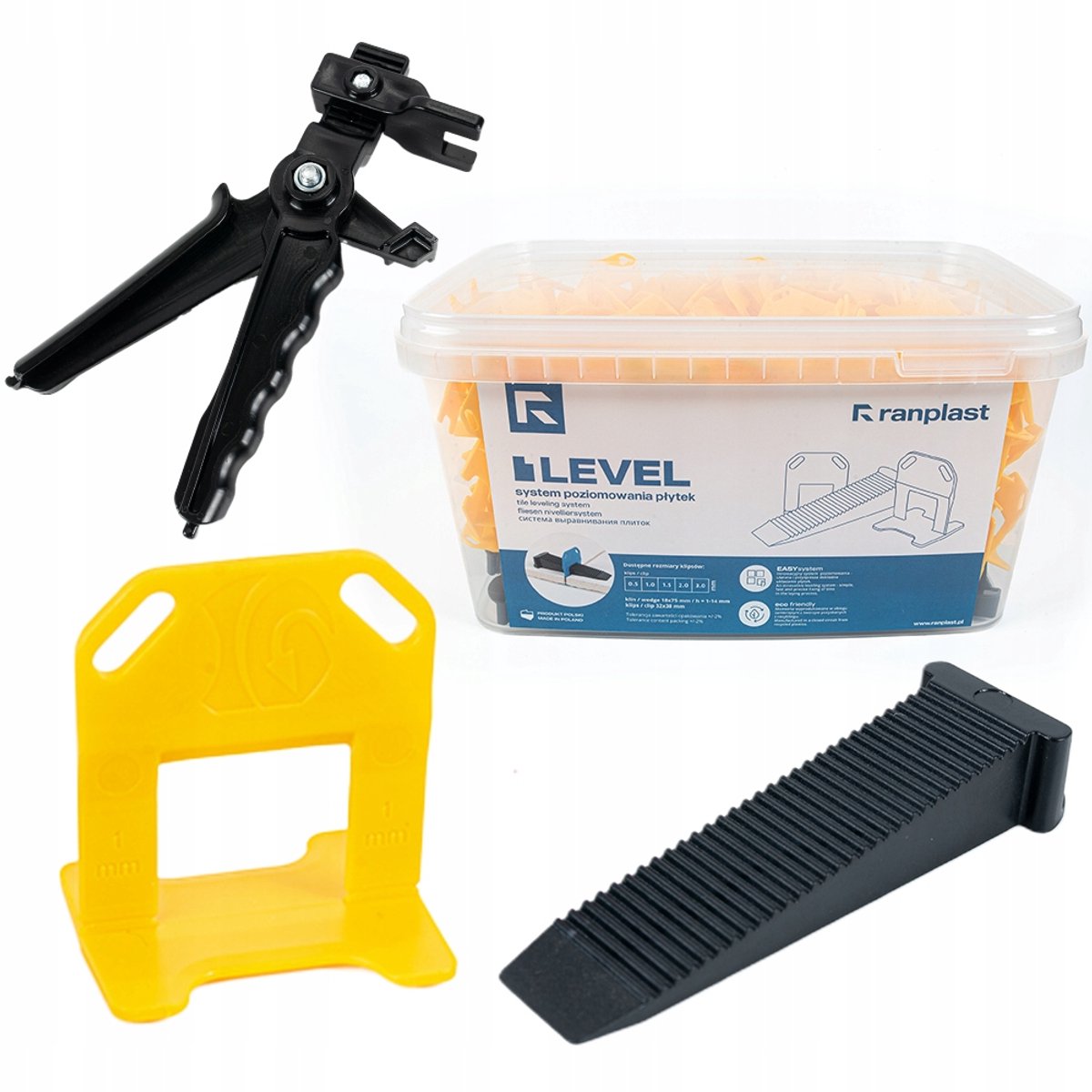 Ranplast Tegelnivelleringsset 1 mm: 500 clips, 100 wiggen, tangen