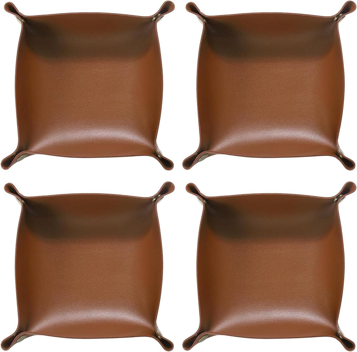 4 Pack PU-lederen Opbergvakken | Opvouwbaar en Draagbaar | Uniseks nachtkastje en Sleutelhouder | Klein Opbergvak voor Horloges en Sieraden | Kubus Design in Bruin Kleur