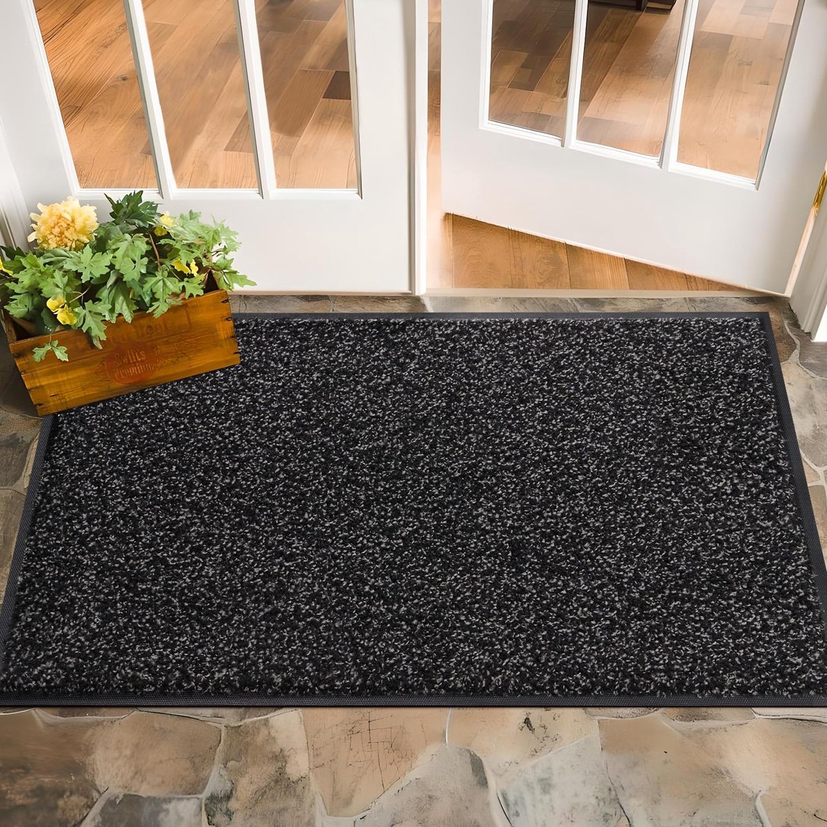 Unyqoos Absorberende en wasbare deurmat voor binnen en buiten gebruik met antislip Zwart