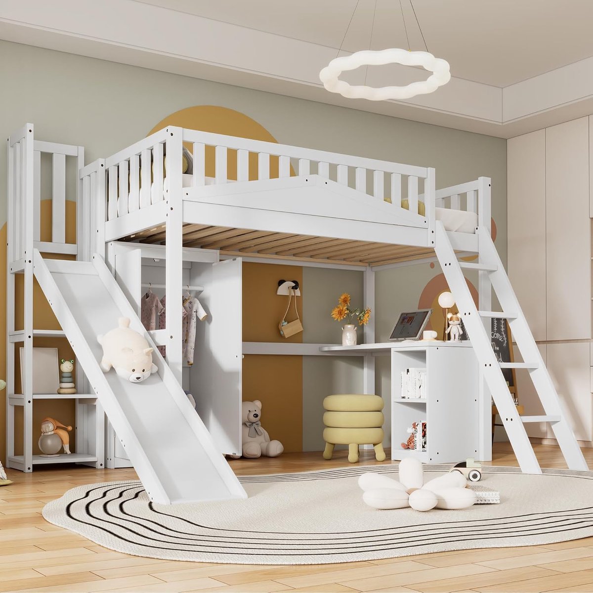 Hoogslaper Kinderbed 90x200 cm met Glijbaan, Tafel en Kledingkast – Modern Stapelbed voor Kinderen, Jongeren en Volwassenen – Hout MDF + Grenen – Veiligheidsroosters EN747 – Medahomestore
