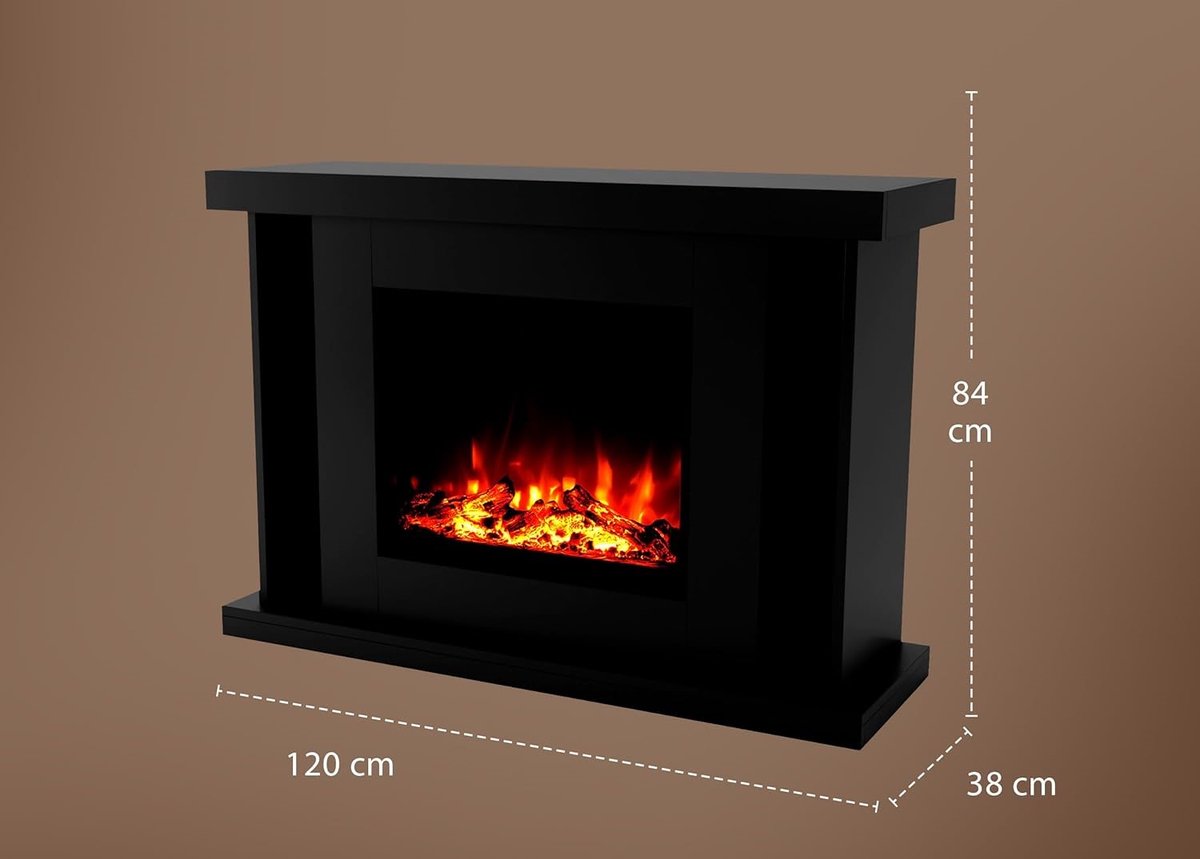 Elektrische Sfeerhaard TasalFurniture Tarvos Luxe LED Staande Haard met Verwarming – Realistisch 3D Vuurbeeld, Afstandsbediening, Knisperend Geluid, Houtdecoratie, 3 Kleurvlammen – 1500W Moderne Vrijstaande Elektrische Haard – Zwart 120x84x38 cm