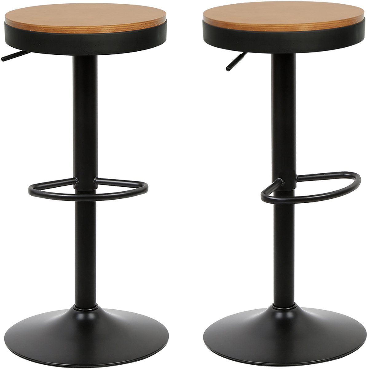 PIPIPOXER-Set van 2 houten barkrukken, 60-80 cm in hoogte verstelbaar, 360° draaibaar, barkruk met voetensteun voor bar of bistro, zwart