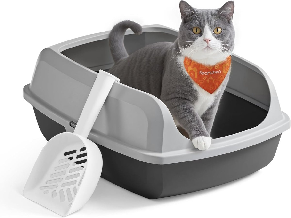 Feandrea - Kattenbak met hoge zijkanten - 50.5x37.5x19.5 cm - XL - open kattenbak met schep - voor kittens en grote katten - grijs