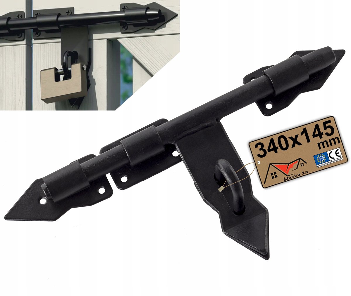 Zware Zwarte Poortschuif 340mm met Hangslotbeugel