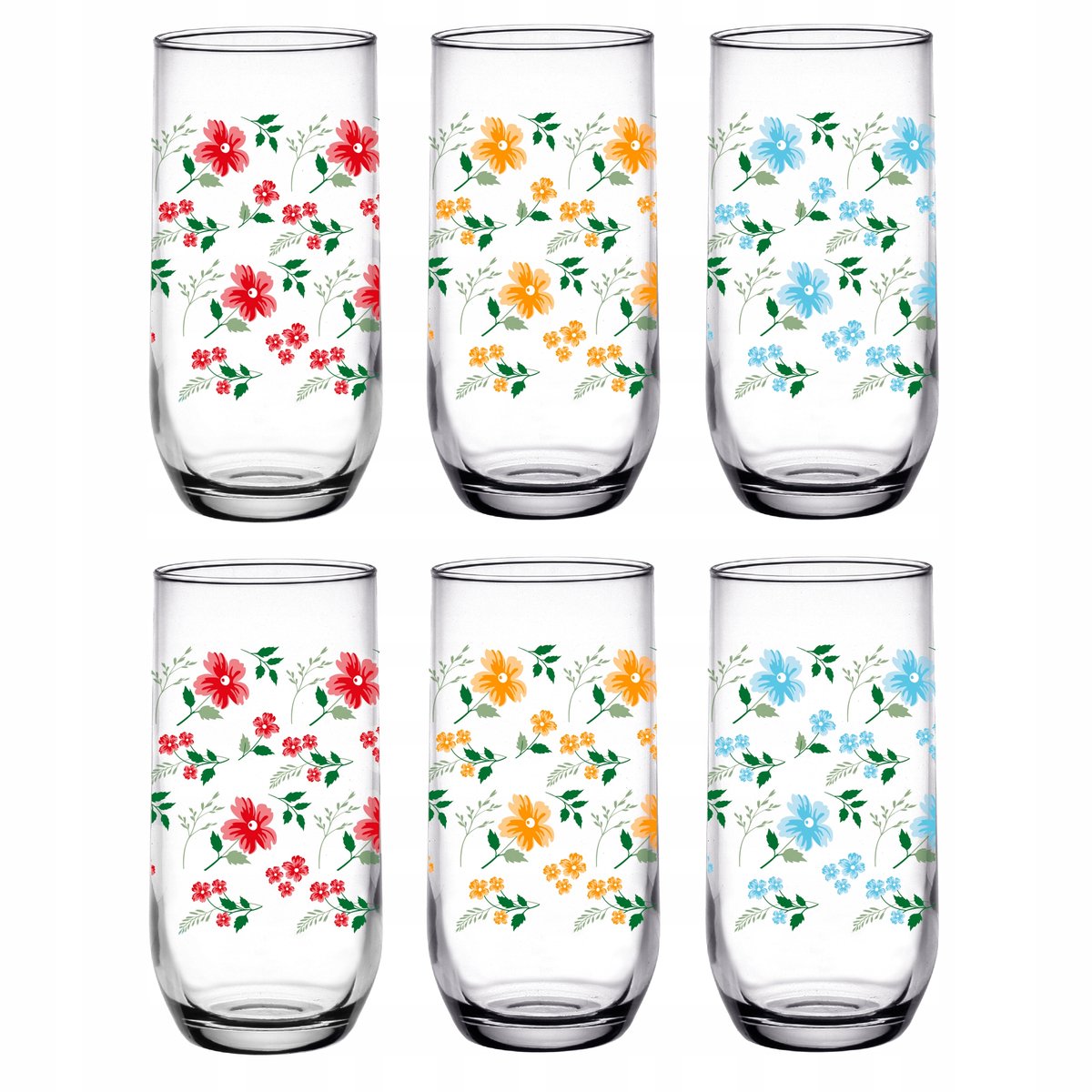 Set van 6 hoge glazen met bloemenprint - 400 ml