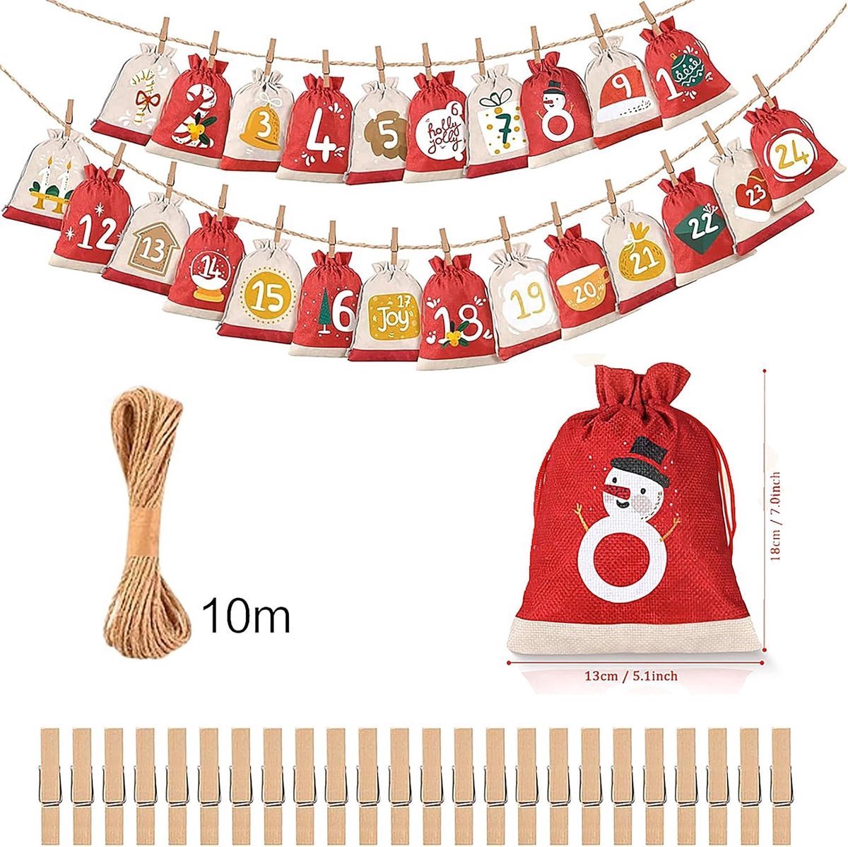 Adventskalender - 24 stoffen vakken - 24 clips met henneptouw - 10 x 15 cm - DIY kerstkalender - Hangende vakken - 10 m ophangkoord - Geschikt voor kinderen, vrouwen en mannen - Kerstversiering - Kan snoep/chocolade/kleine cadeautjes bevatten – foto 8