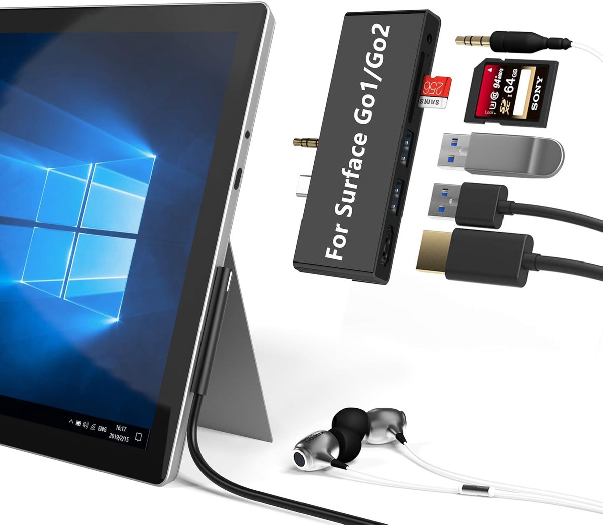 For Surface Go Hub Docking Station for Surface Go/Go2/Go3//Go4, 7-in-2 Surface Go Hub Adapter with 4K USB C to HDMI, 2 USB 3.0 Ports, Earphones Jack,SD/TF Card Slot