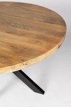 Onderdeel van de ronde eettafel met een natuurlijk mango houten blad en een zwart metalen poot.