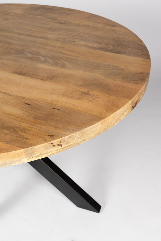 Onderdeel van de ronde eettafel met een natuurlijk mango houten blad en een zwart metalen poot.