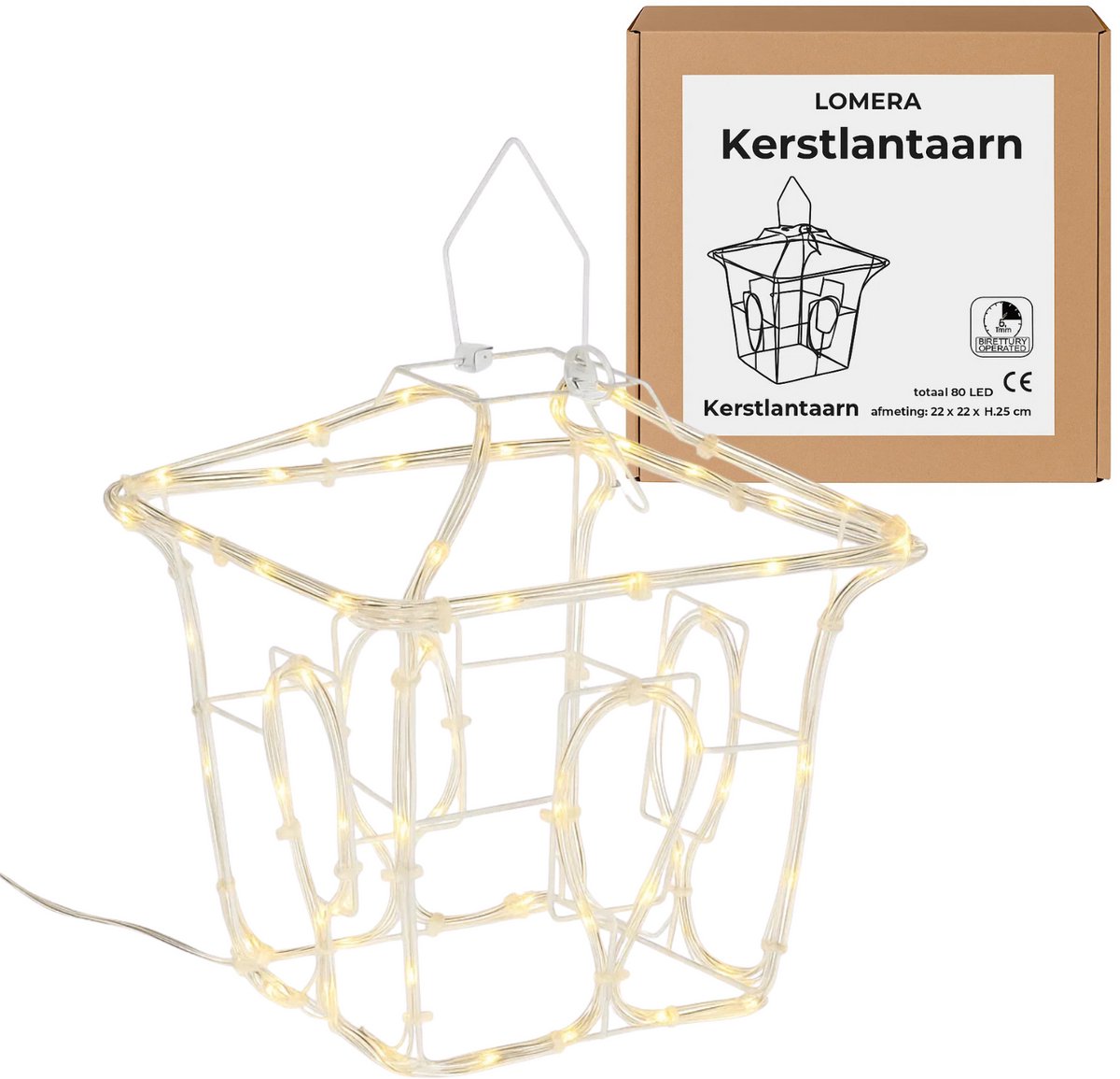 Lomera Kerstlantaarn LED - LED Slangverlichting - Op Batterijen - Automatische Timer - Binnen en Buiten - Warm Wit Licht - Metalen Lantaarn - IP44 Waterdicht - Kerstdecoratie - Sfeervolle Verlichting - LED Ropelight - 80 LED Lampjes – foto 3