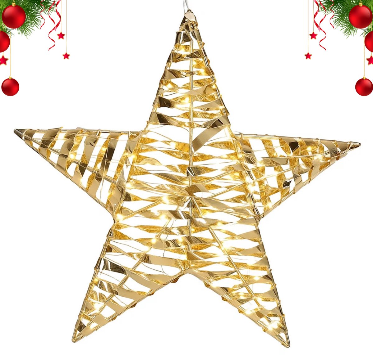 Lomera Verlichte Kerstster - Goud Kerstdecoratie - LED Kerst Ster - 60 Led Verlichting - Warm Wit Licht - Microled Kerstverlichting - Metalen Kerstster - Binnen Kerstdecoratie - Batterij - Timer Functie