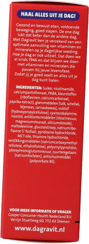 Achterkant van de verpakking van Dagravit Vitamine B B-complex met ingrediënten en informatie.