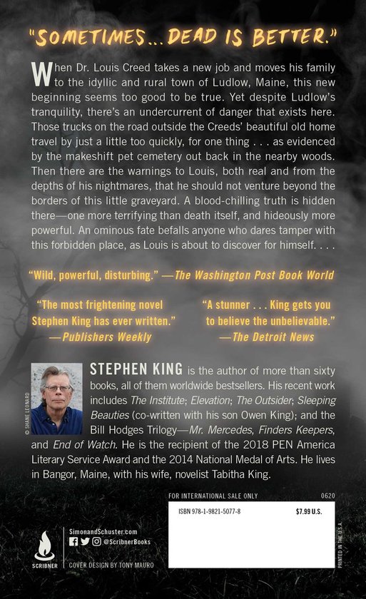 Achterkant van het boek "Pet Sematary" met tekst en een foto van Stephen King.