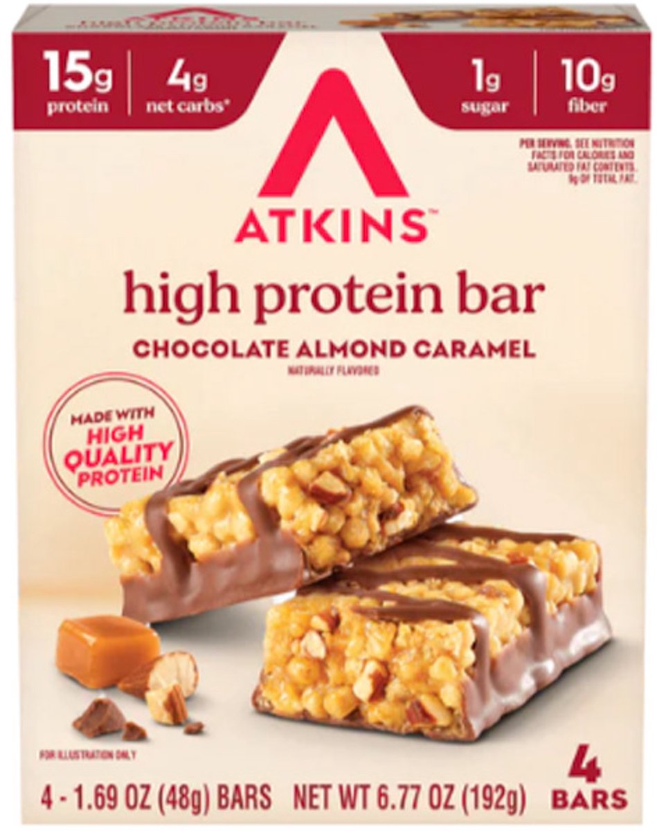 Atkins | High Protein Bar | Chocolate Almond Caramel Bar | 4 x 48g